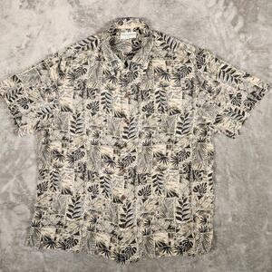 Caribbean Silk Button Down Shirt Mens XL Tan Black Excellent Tropical Leaf Print